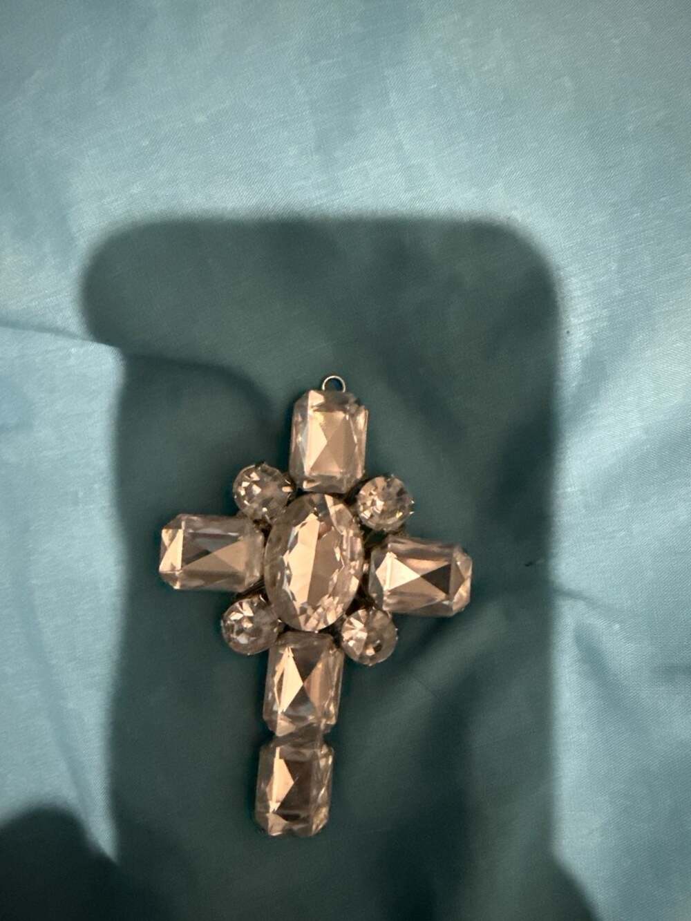 Vintage Georgian Style Silver Paste Rhinestone Cross Pendant Filigree Backing